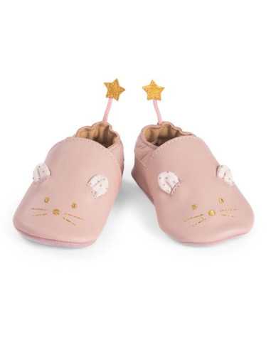 Chaussons cuir souris rose La petite...