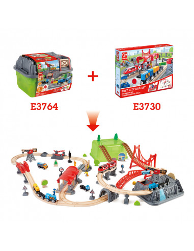 Jouet Hape Ensemble Circuit Train, Grue et Seau de Rangement - 48