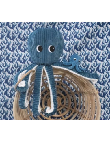 Peluche Filou la pieuvre maman et bébé Les Ptipotos bleu